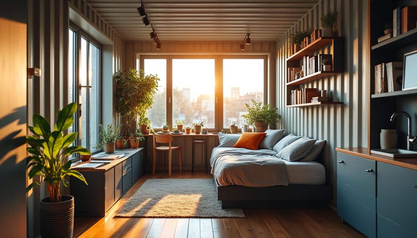 Illustration: Les dimensions standards et aménagements possibles dans un conteneur pour étudiant